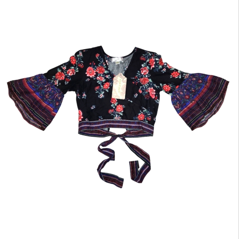 Band of Gypsies Black Floral Top with Red and Blue Accents